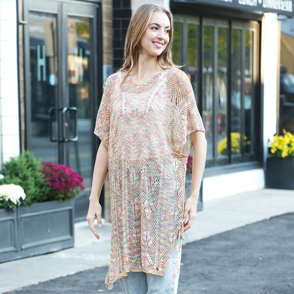 Orange Multicolored Tassel Slip Crochet Cover-Up Dress