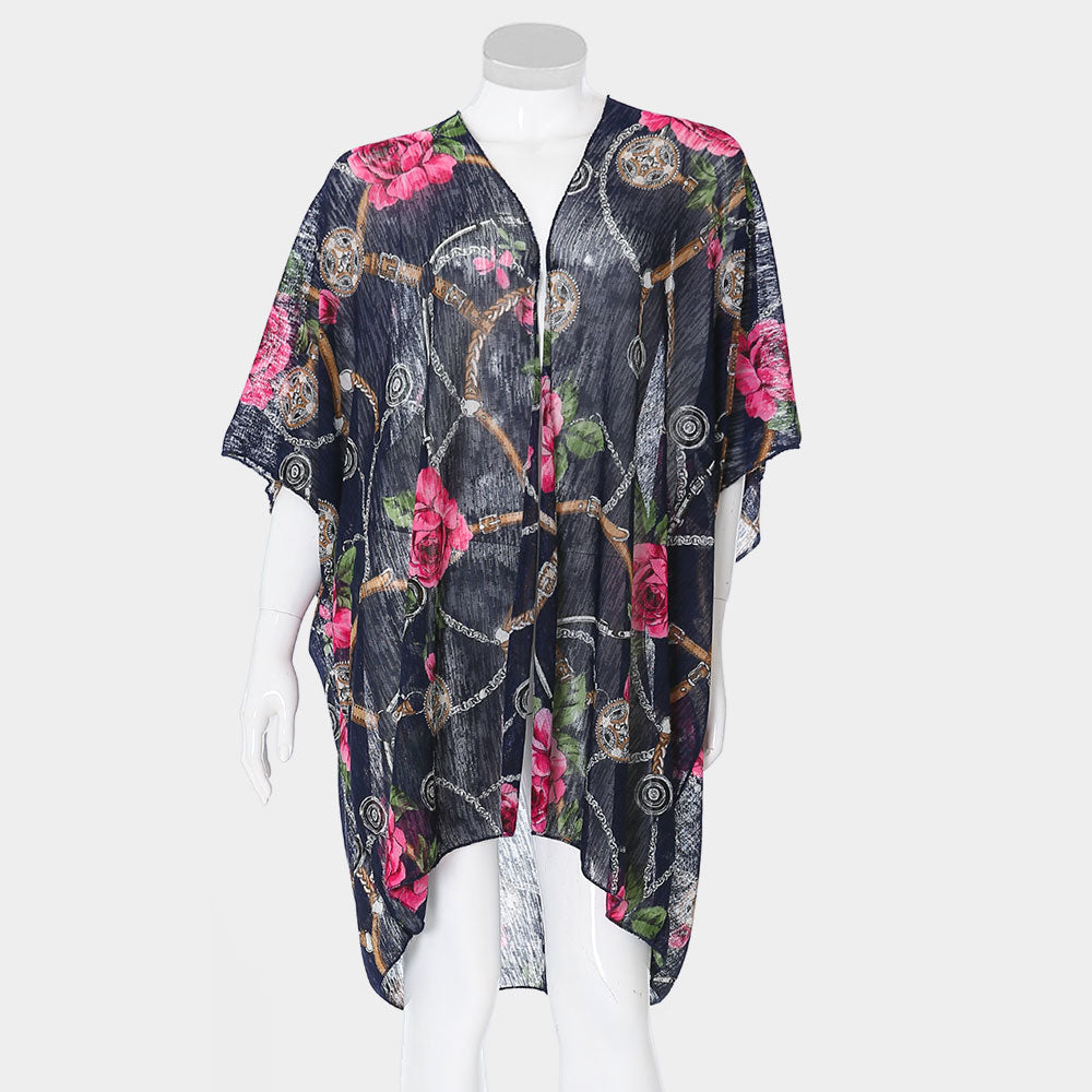 Navy Rose Flower Chain Print Cover Up Poncho