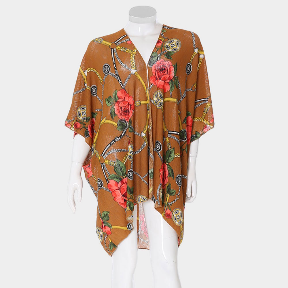 Tan Rose Flower Chain Print Cover Up Poncho