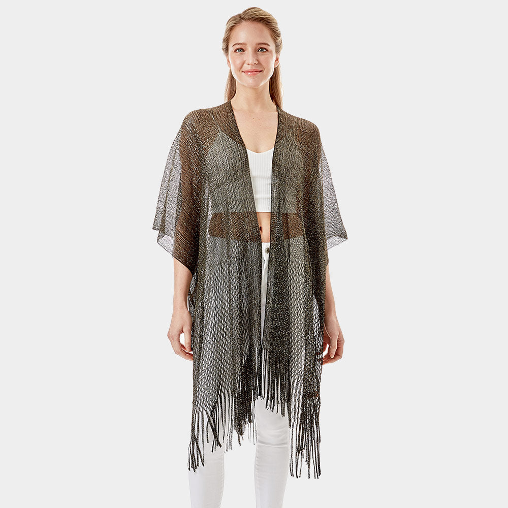 Black Metallic Net Cover Up Fringes Shawl Cardigan