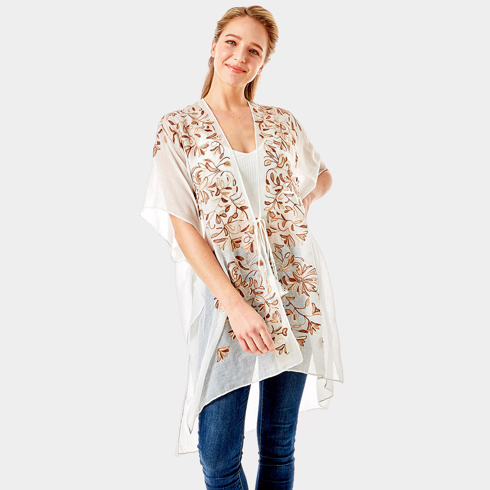 Beige Embroidery Floral Cover Up Kimono Cardigan