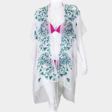 Load image into Gallery viewer, Green Embroidery Floral Cover Up Kimono Cardigan
