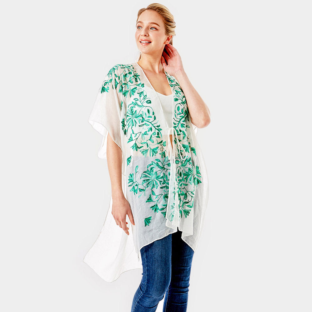 Green Embroidery Floral Cover Up Kimono Cardigan