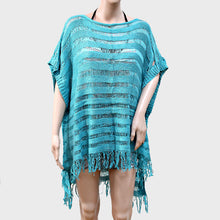 Load image into Gallery viewer, Teal Fringe Trimmed Weave Poncho
