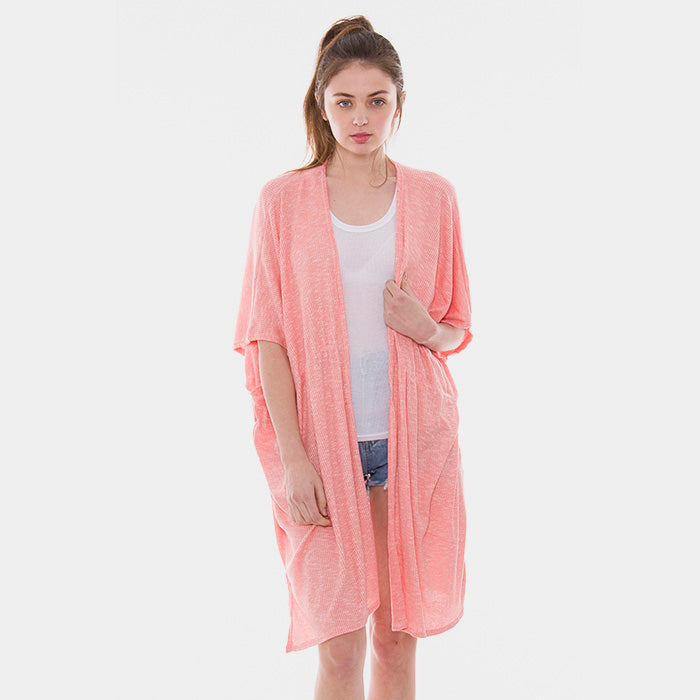 Pink Solid Color Ripped Drawstring Cover Up Kimono Cardigan