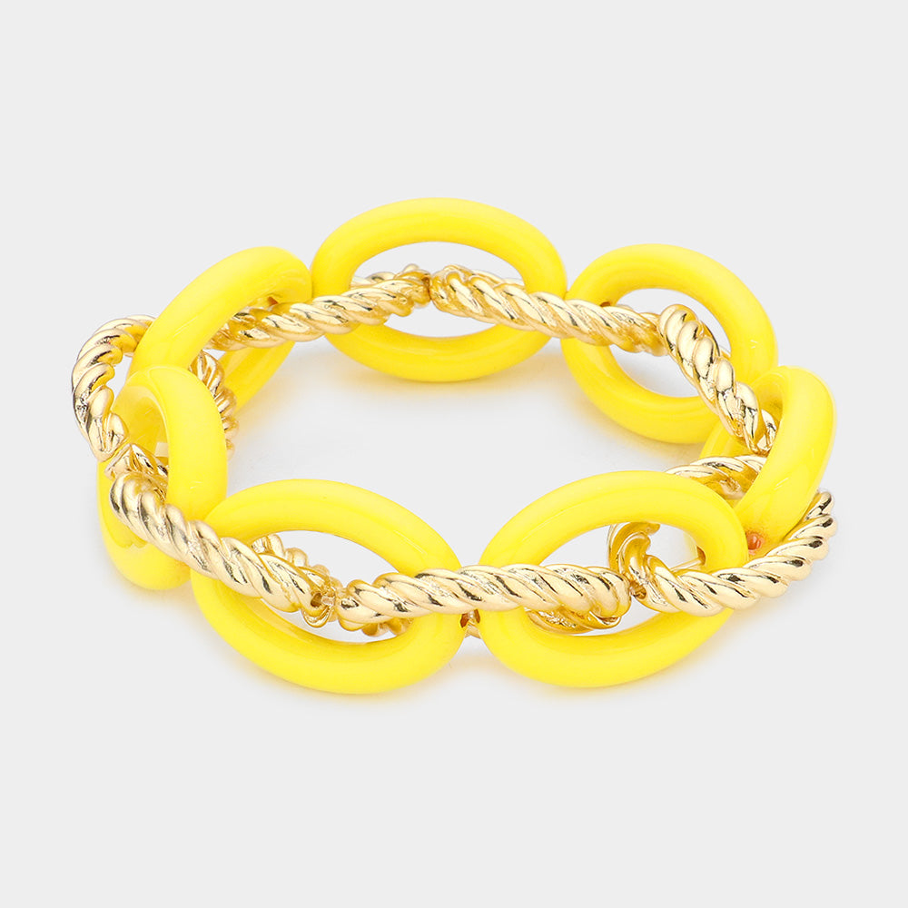 Yellow Twisted Open Metal Resin Oval Link Stretch Bracelet