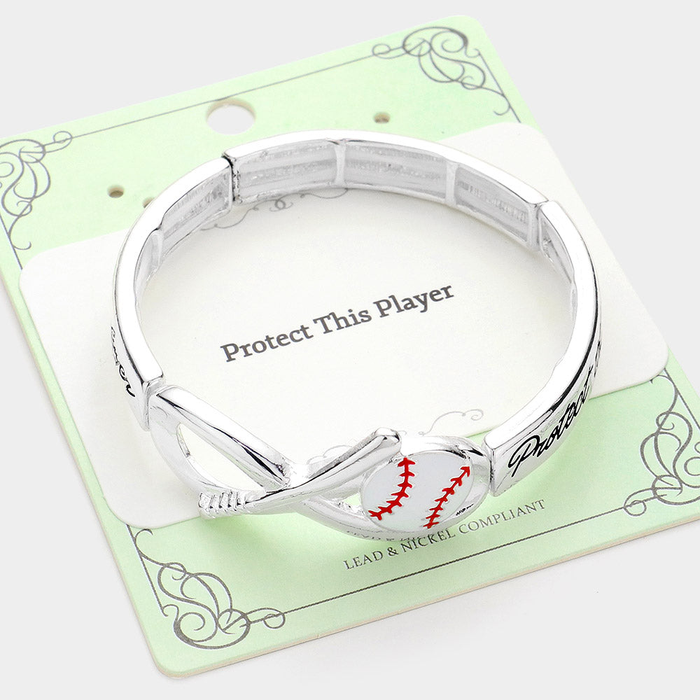 Silver Protect This Player Message Baseball Sport Theme Stretch Bracelet