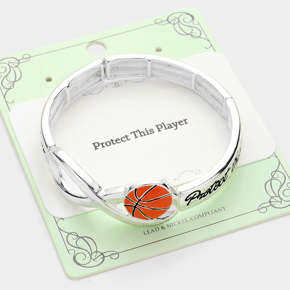 Silver Protect This Player Message Basketball Sport Theme Stretch Bracelet
