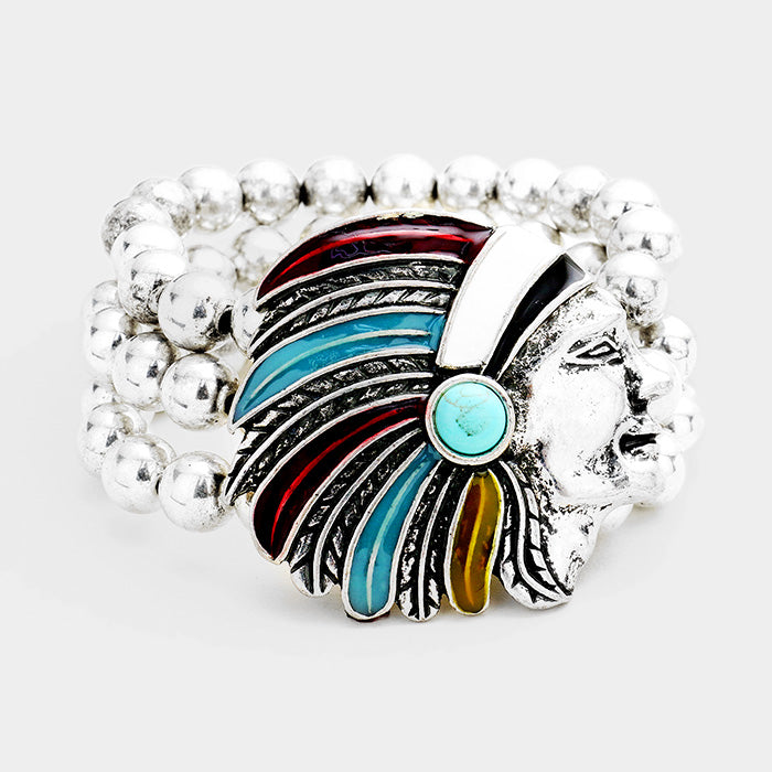 Turquoise Indian Chief Stretch Bracelet