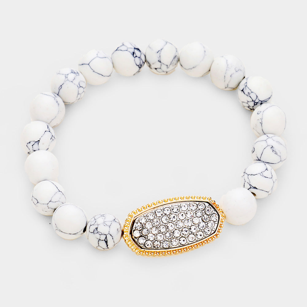 White Marble Stone Bead Rhinestone Stretch Bracelet