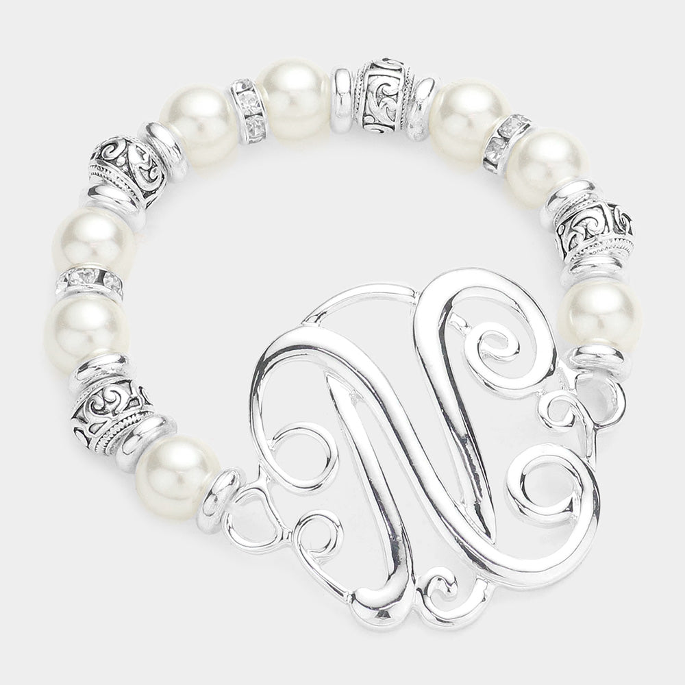 Letter N Monogram Charm Pearl Filigree Stretch Bracelet