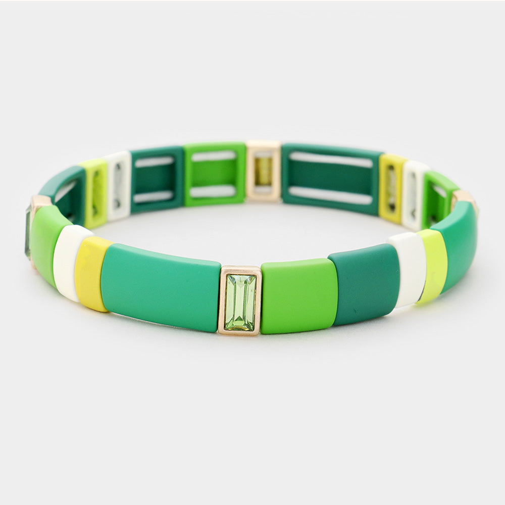Green Glass Crystal Lego Color Block Stretch Bracelet