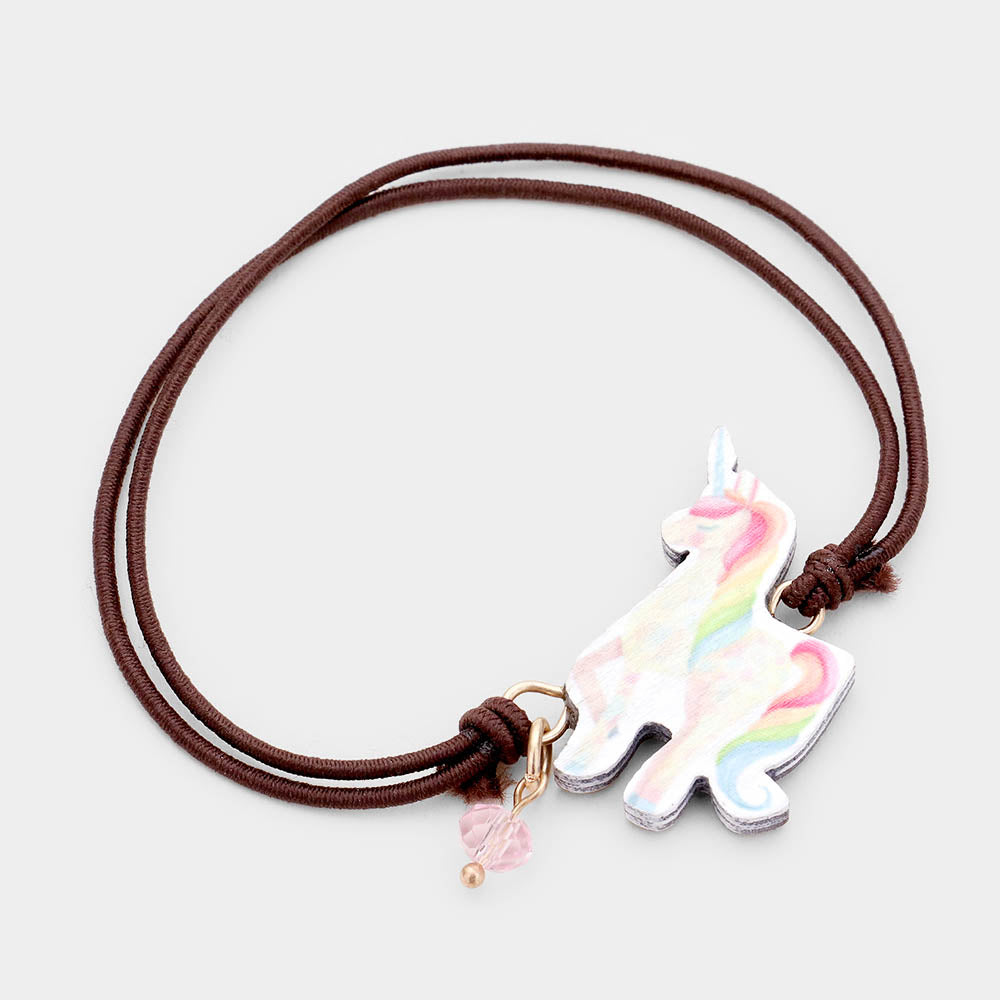 Brown Watercolor Wood Unicorn Accented Stretch Bracelet