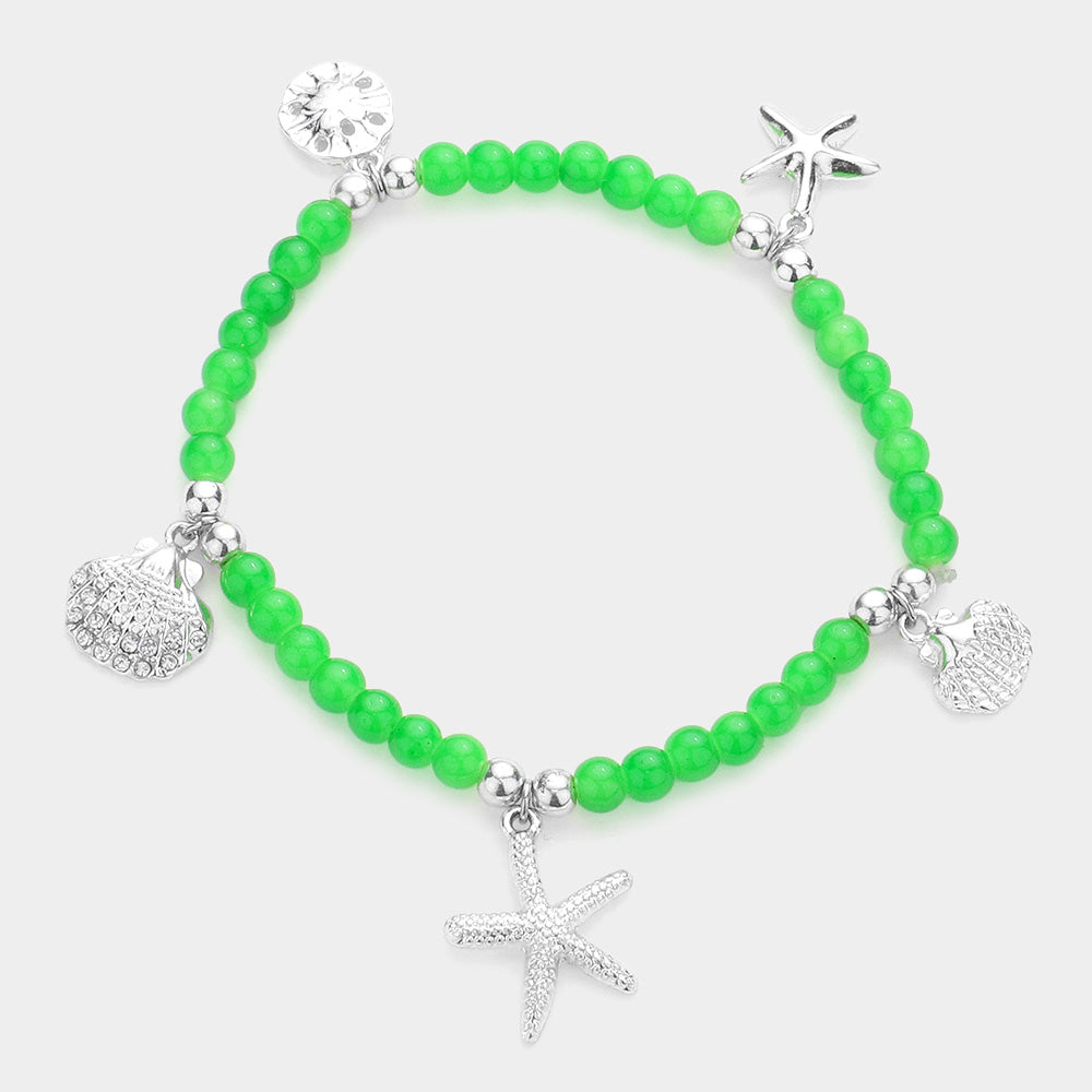 Green Starfish Shell Sand Dollar Charms Beaded Stretch Bracelet