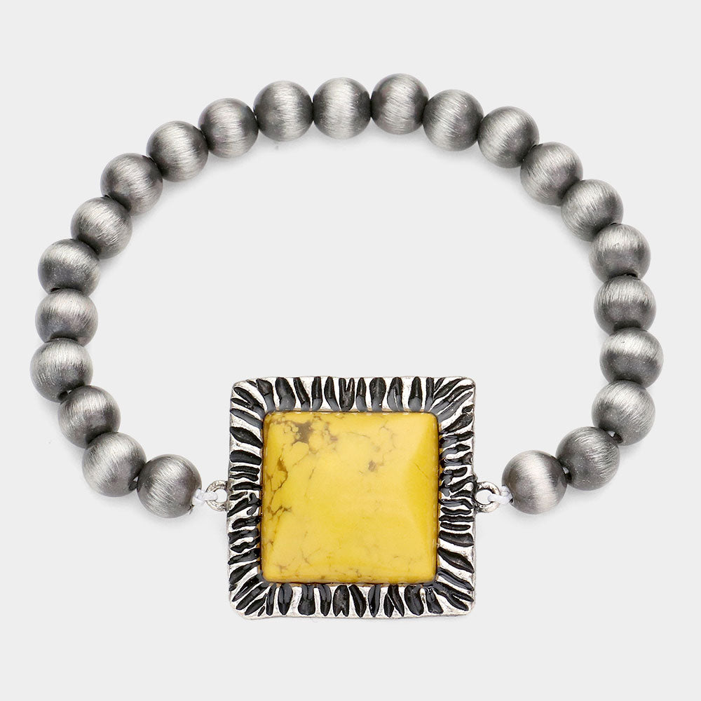 Yellow Square Natural Stone Accented Stretch Bracelet