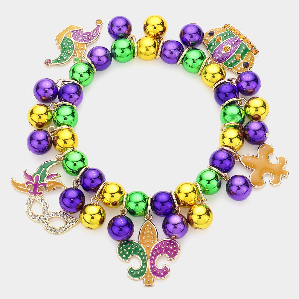 Gold Mardi Gras Enamel Fleur de Lis Mask Crown Charm Stretch Bracelet