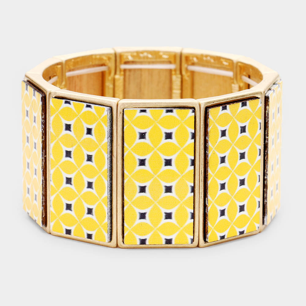 Yellow Patterned Wood Rectangle Stretch Bracelet