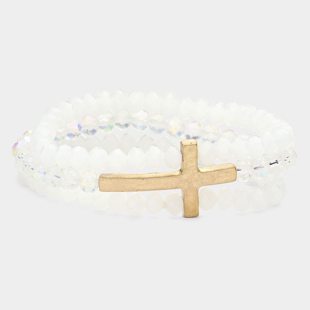 White Metal Cross Accented Faceted Beaded Stretch Bracelet