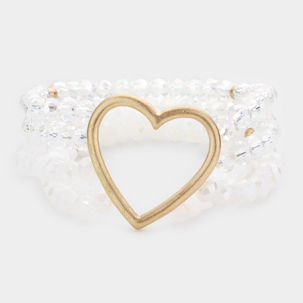 White Open Metal Heart Accented Multi Layered Faceted Beaded Stretch Bracelet