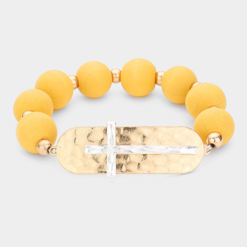 Yellow Hammered Metal Cross Wood Bracelet