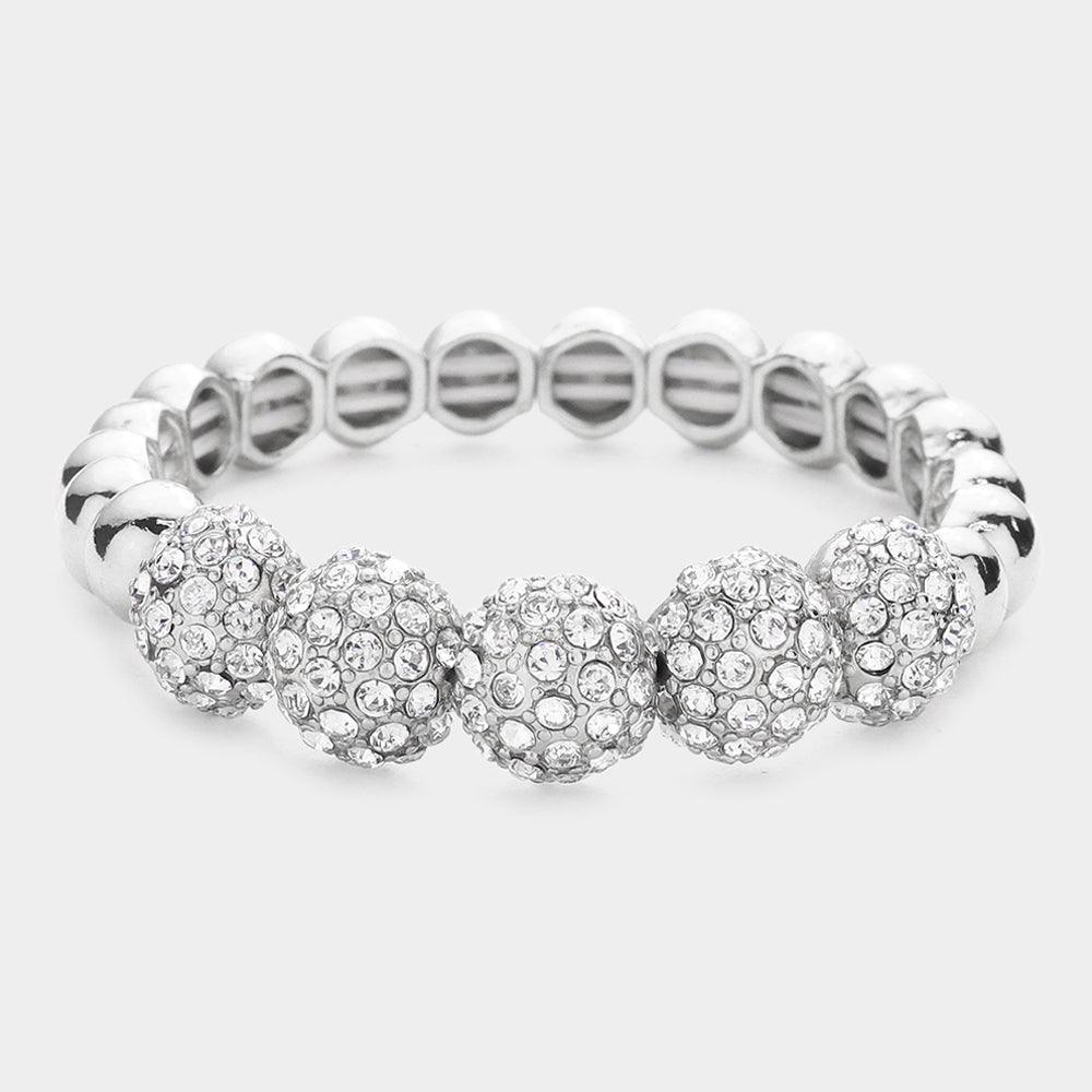 Silver Rhinestone Embellished Metal Dome Stretch Bracelet