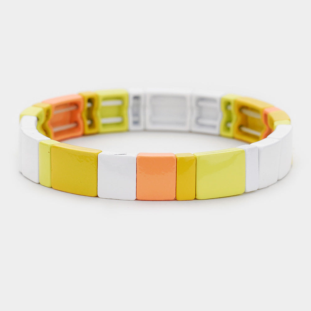 Yellow Enamel Color Block Metal Stretch Bracelet