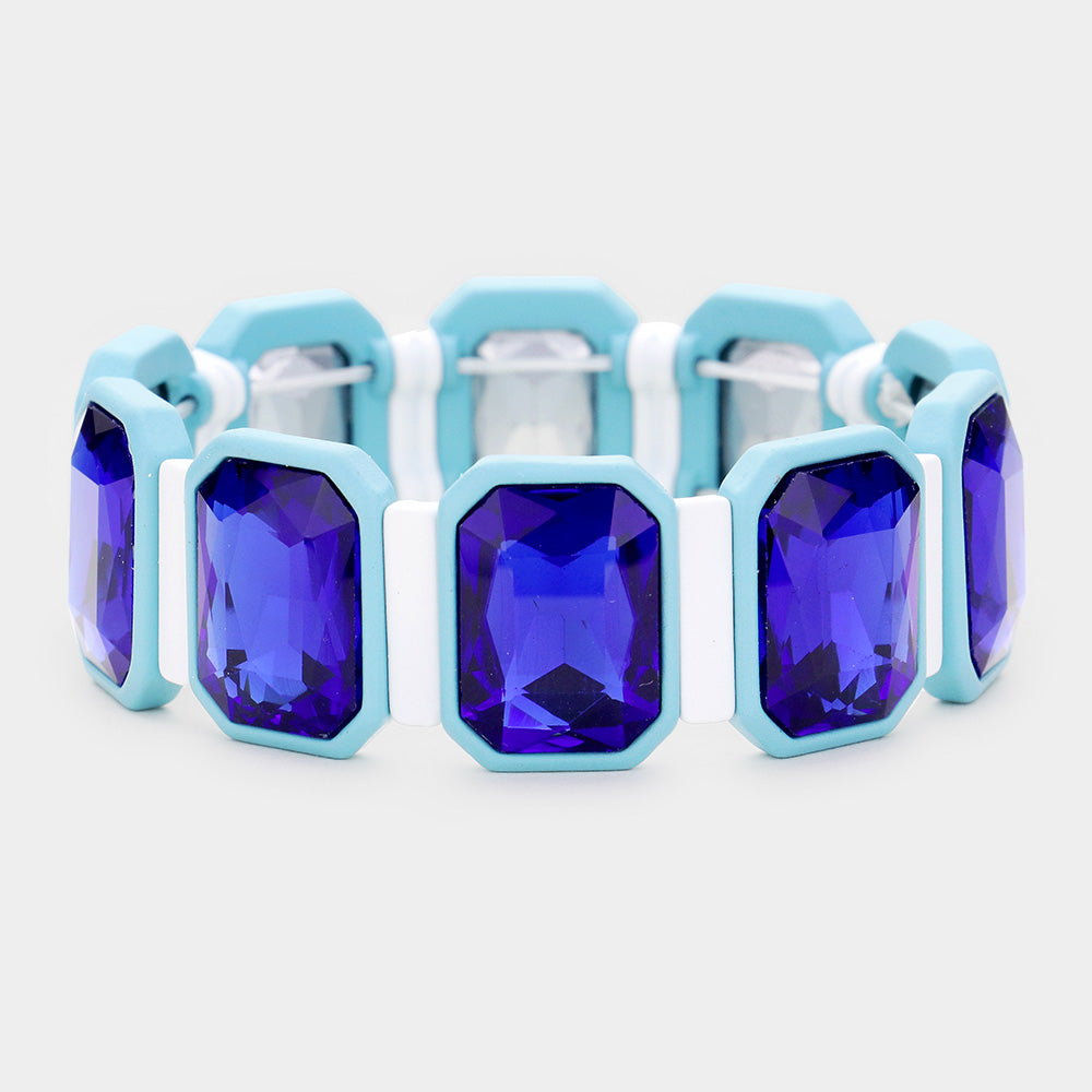 Blue Emerald Cut Glass Crystal Resin Bezel Stretch Bracelet
