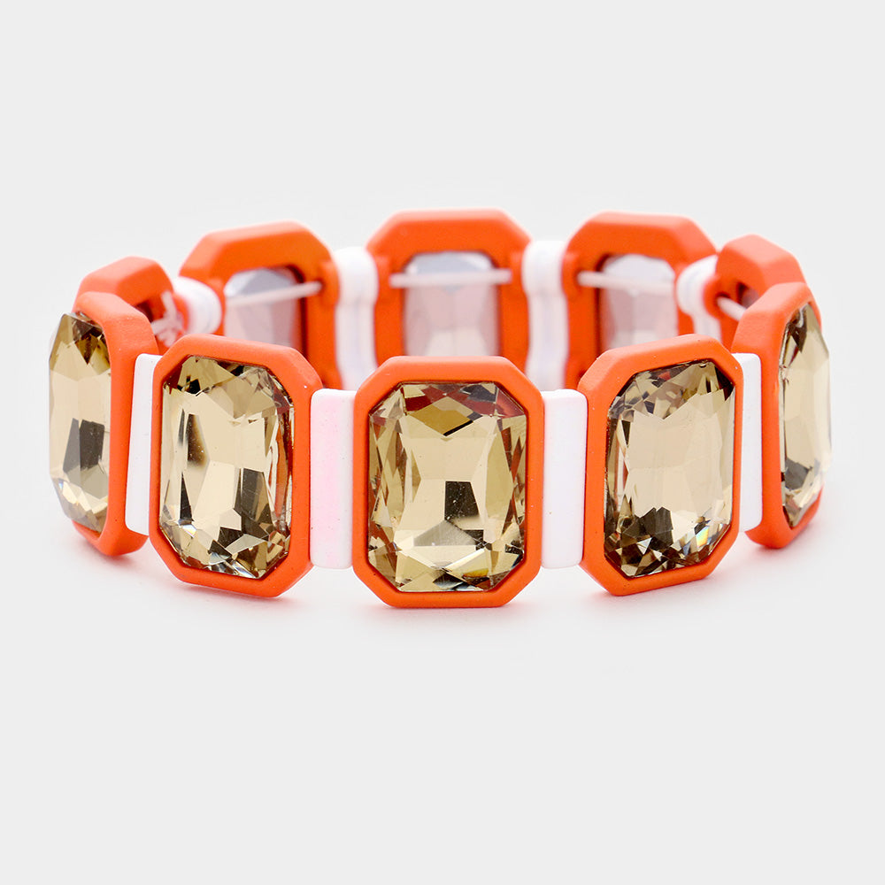 Orange Emerald Cut Glass Crystal Resin Bezel Stretch Bracelet
