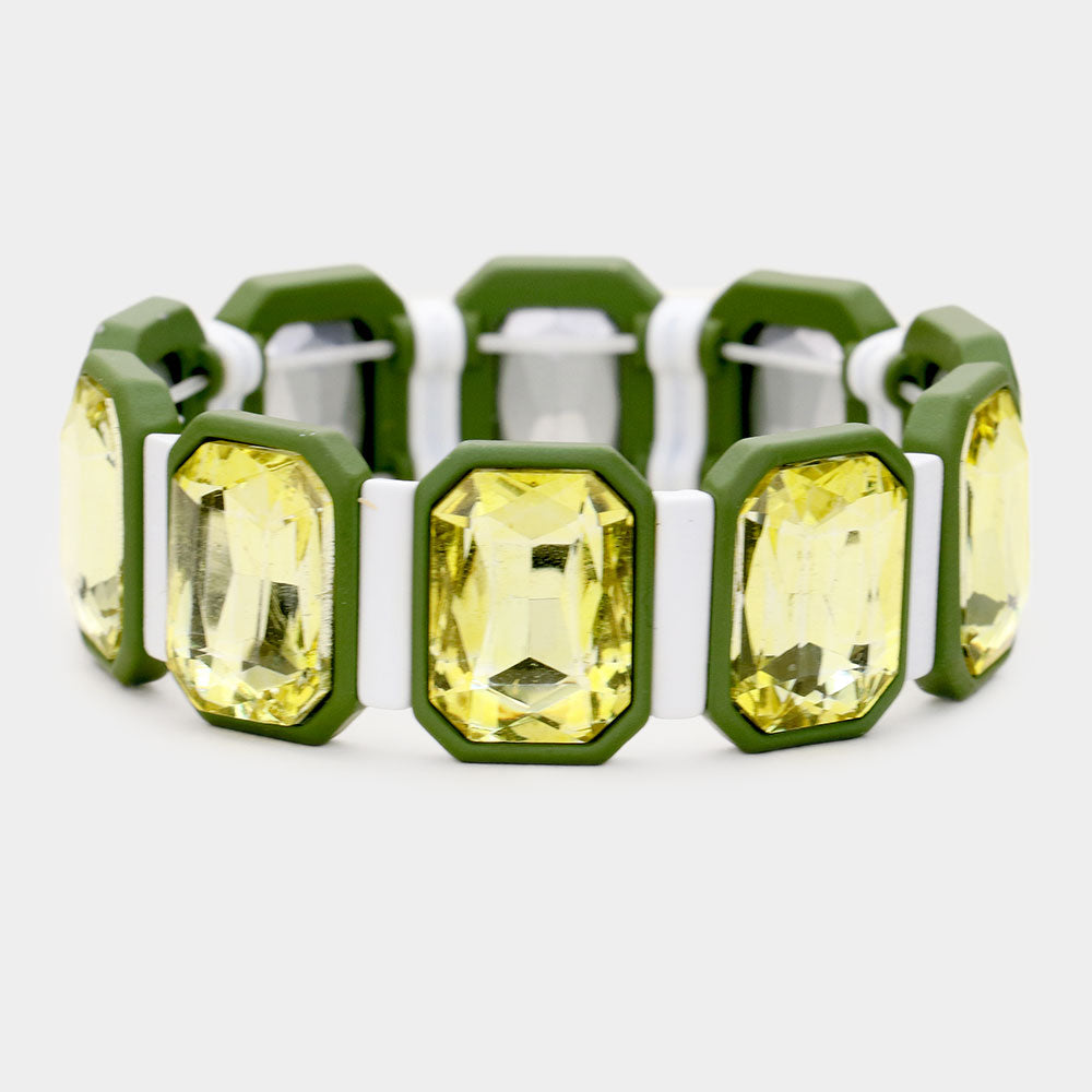 Yellow Emerald Cut Glass Crystal Resin Bezel Stretch Bracelet