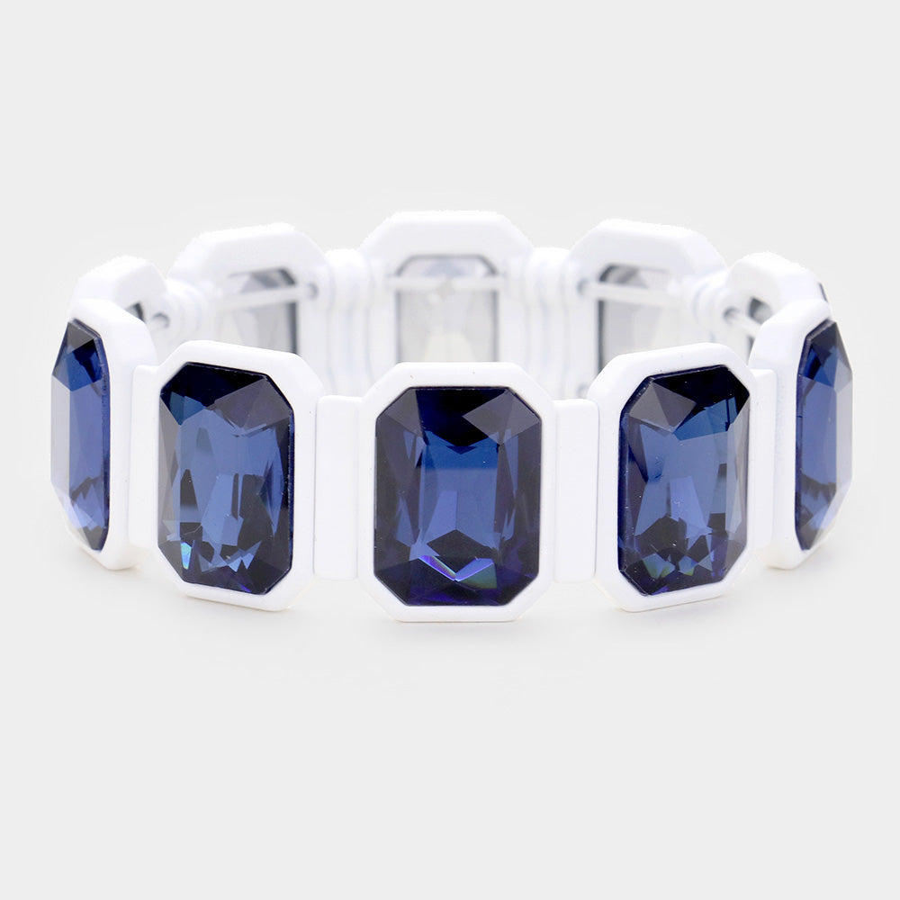 White Emerald Cut Glass Crystal Resin Bezel Stretch Bracelet