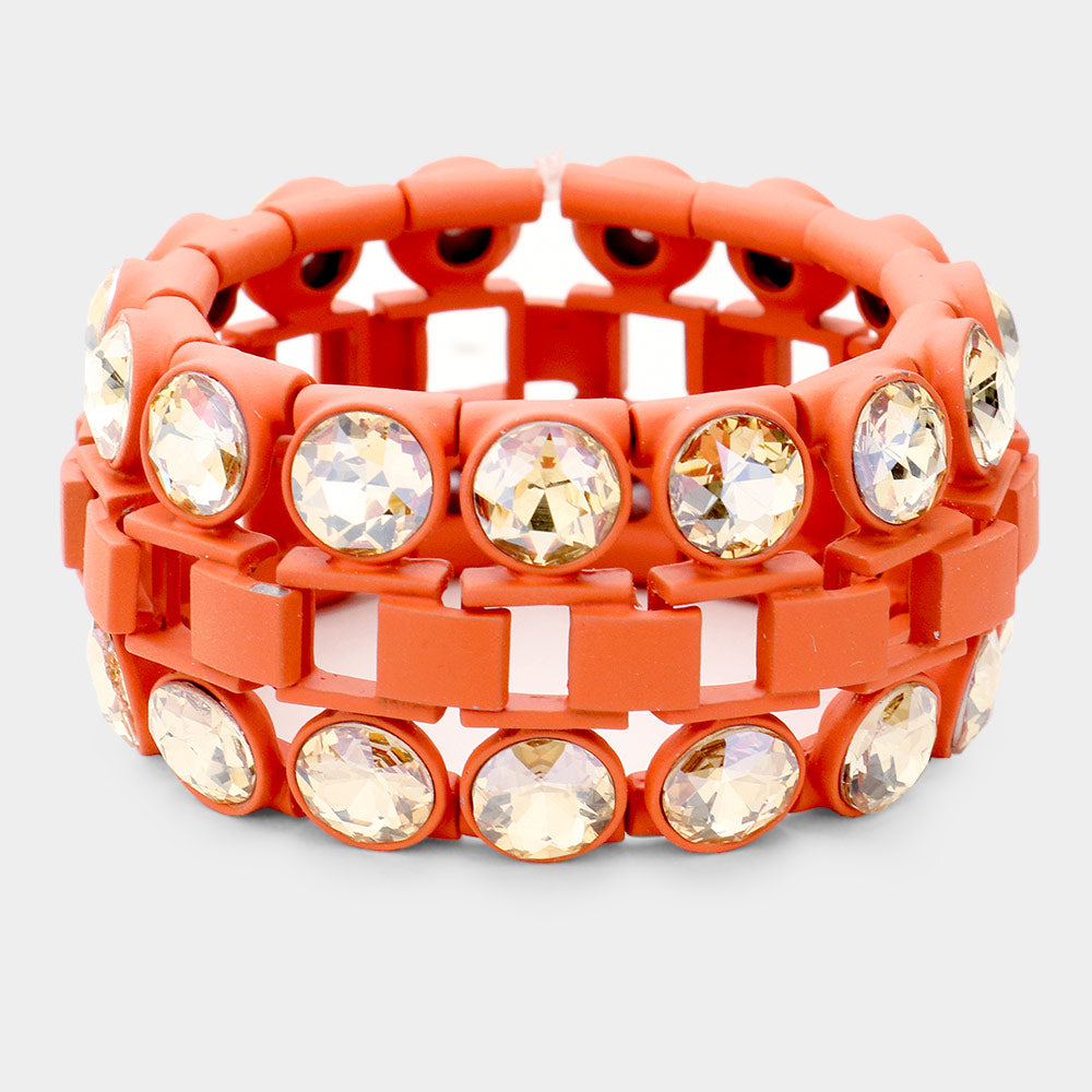 Orange Double Glass Crystal Resin Bezel Trim Stretch Bracelet