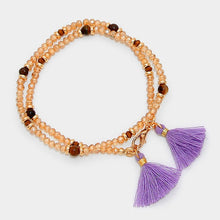 Load image into Gallery viewer, Gold Beaded wrap stretch bracelet with double tassel charms
