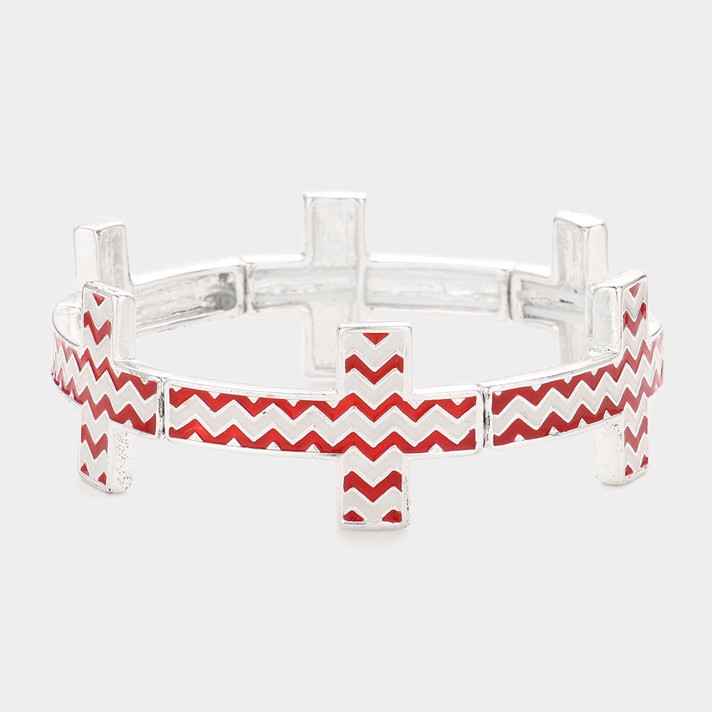 Silver Chevron Cross Stretch Bracelet