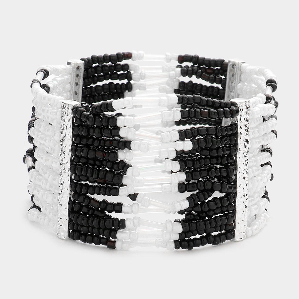 Silver Thick Seed Bead Stretch Bracelet