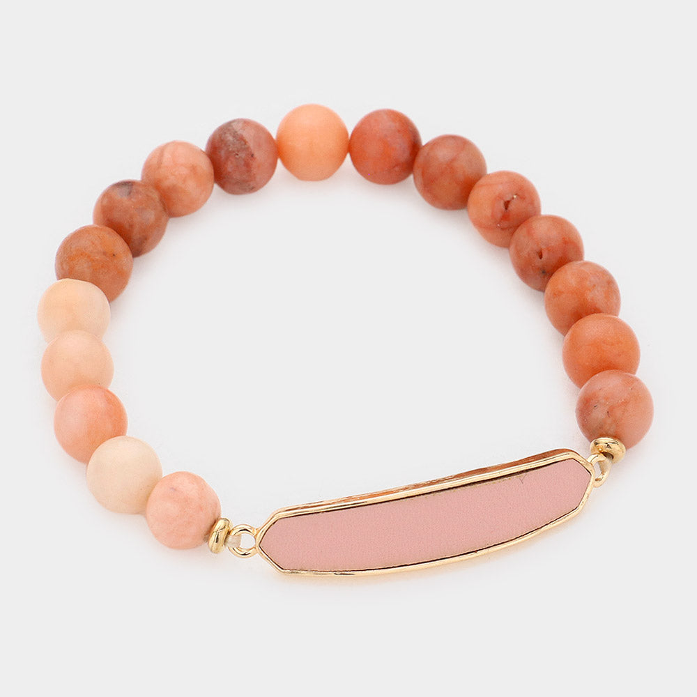 Pink Faux Leather Bar Natural Stone Stretch Bracelet