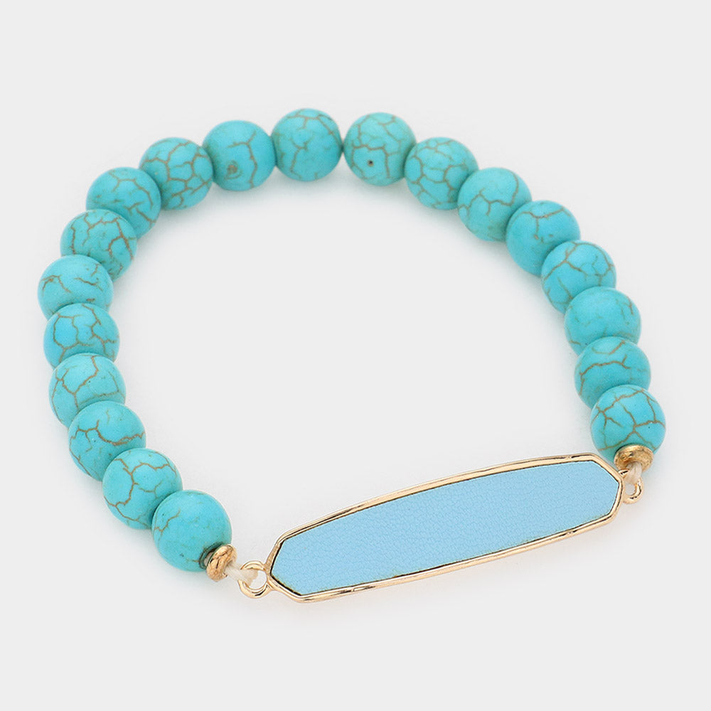 Turquoise Faux Leather Bar Natural Stone Stretch Bracelet