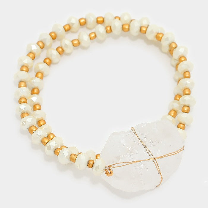 Gold Raw quartz accented pearl strand wrap stretch bracelet