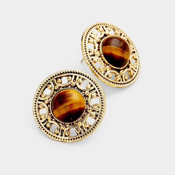 Gold Antique Filigree Round Glass Stone Stud Earrings