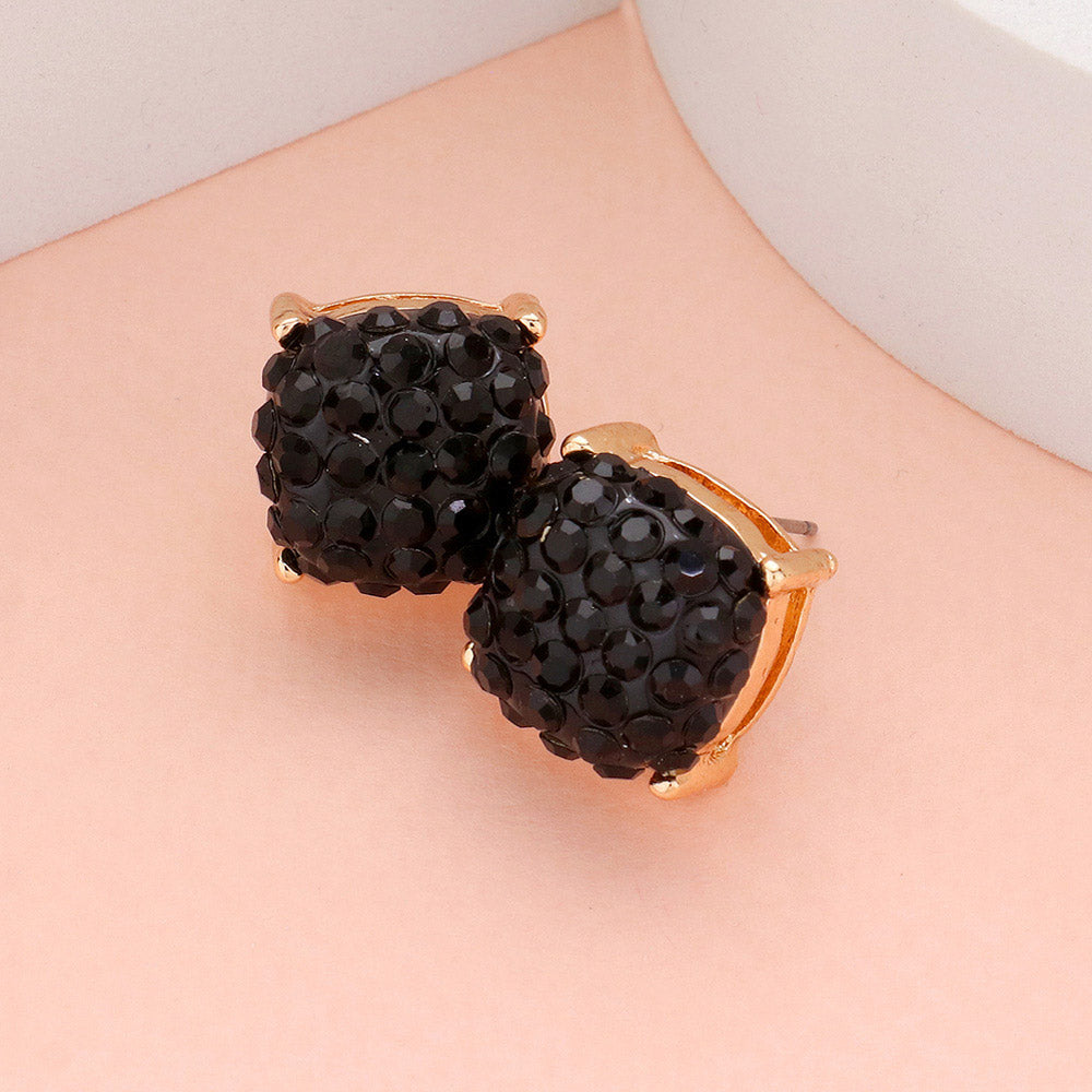 Black Stone Embellished Square Stud Earrings