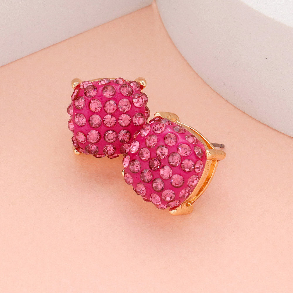 Pink Stone Embellished Square Stud Earrings