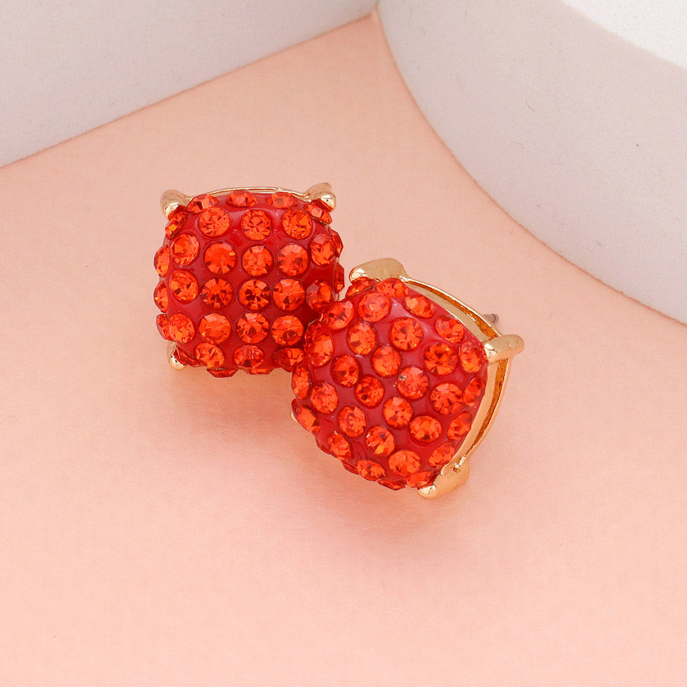 Orange Stone Embellished Square Stud Earrings