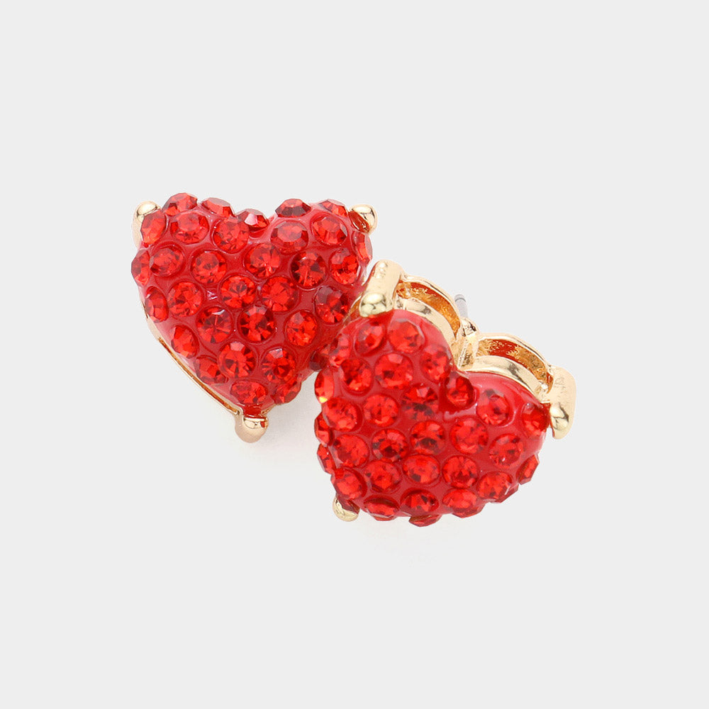 Red Stone Embellished Heart Stud Earrings