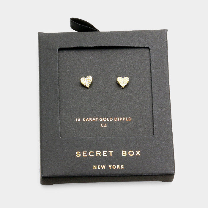 Secret Box 14K Gold Dipped CZ Heart Stud Earrings