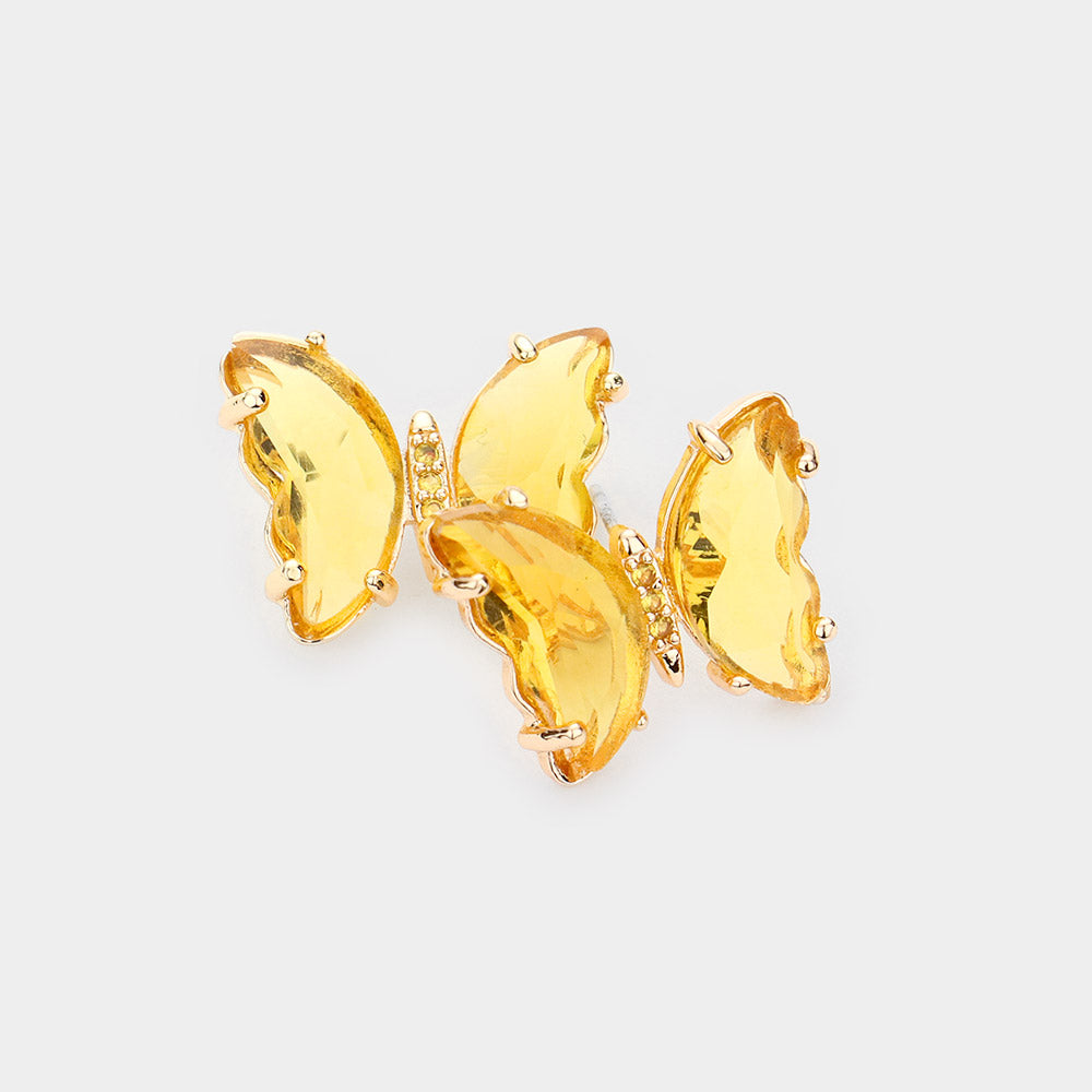 Yellow Brass Metal Stone Butterfly Stud Earrings