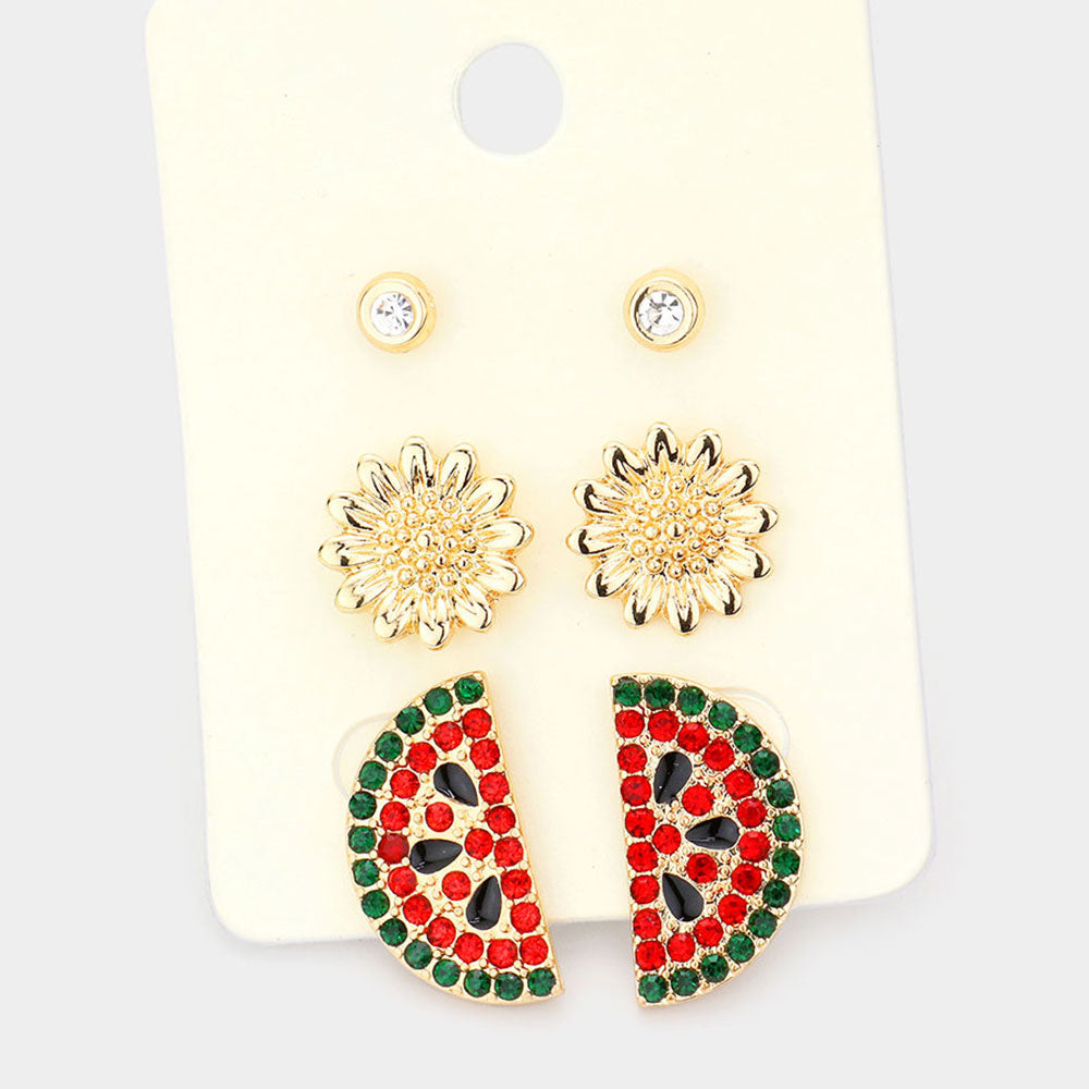 Red 3Pairs - Metal Sunflower Rhinestone Embellished Watermelon Stud Earrings