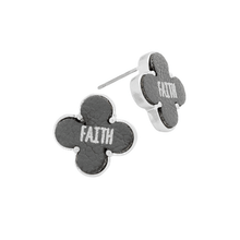 Load image into Gallery viewer, Gray &quot;Faith&quot; Leather Quatrefoil Clover Stud Earring
