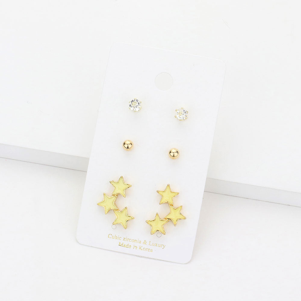 Yellow 3Pairs - CZ Round Metal Ball Enamel Triple Star Stud Earrings