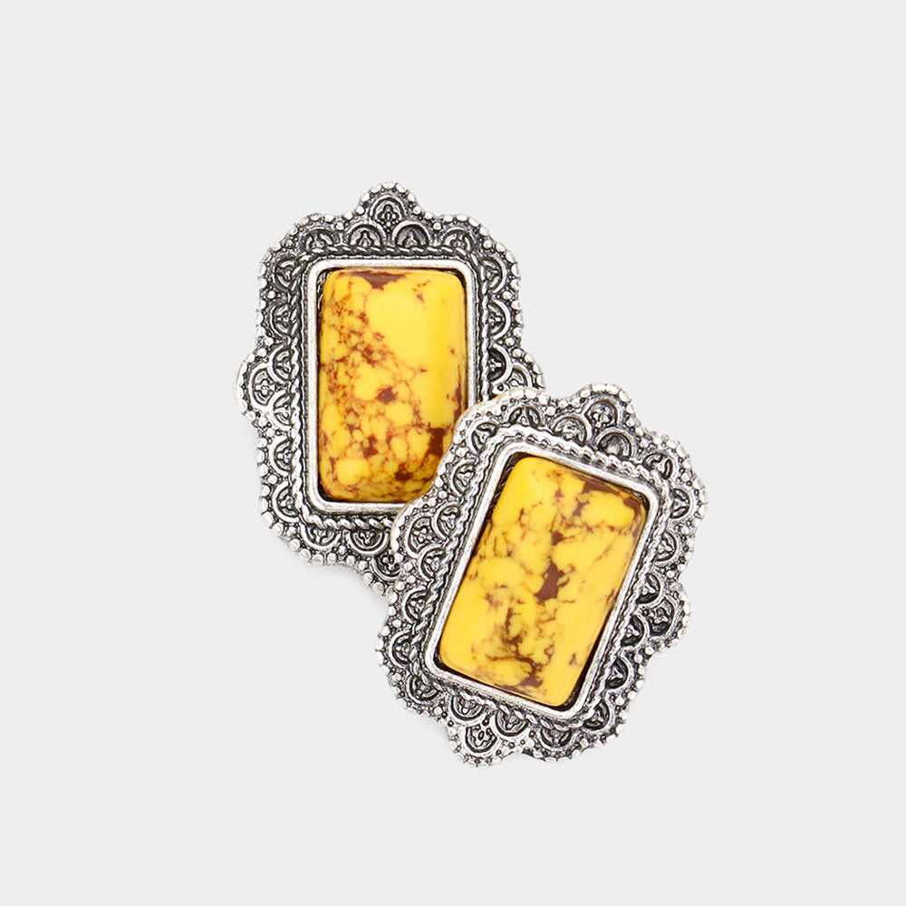 Yellow Natural Stone Rectangle Antique Metal Stud Earrings