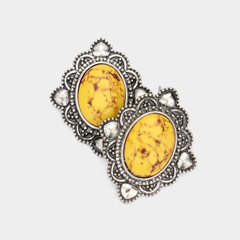 Yellow Oval Natural Stone Antique Metal Stud Earrings