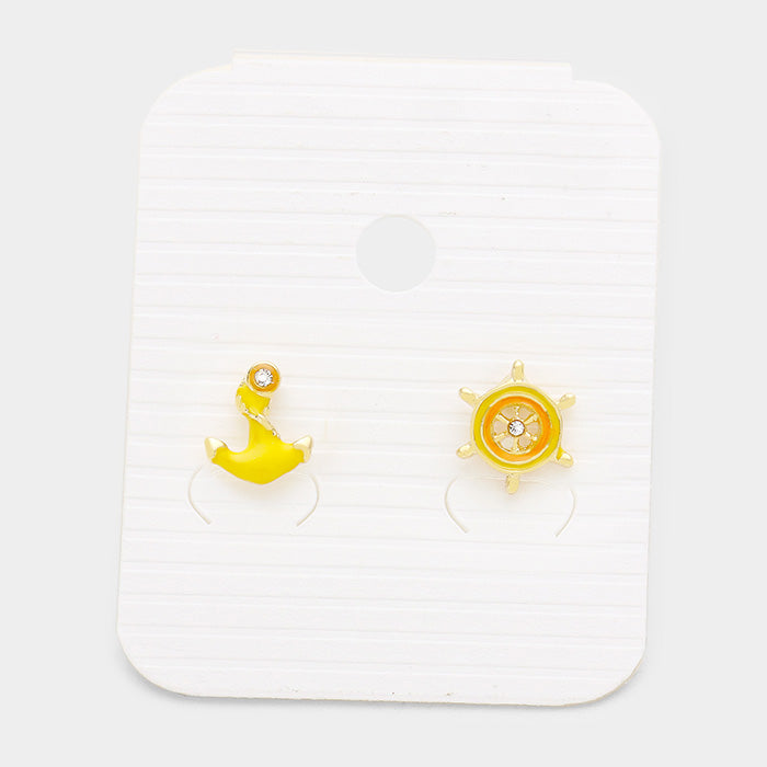 Yellow Anchor Ship Wheel Stud Earrings